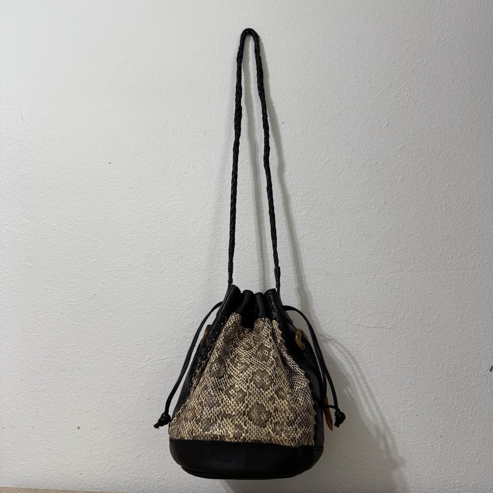 BONAVI Big Brown Snakeskin & Black Leather Drawstring‎ Bucket Bag Purse